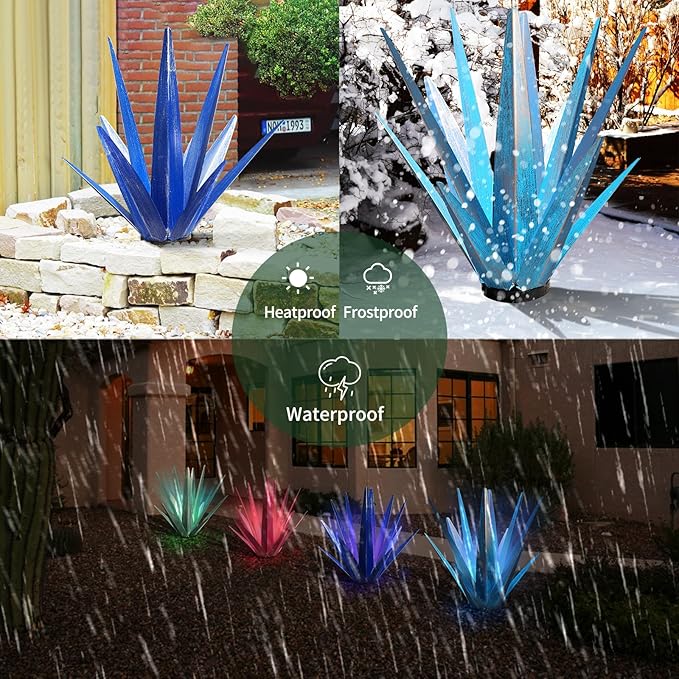 Large Tequila Rustic Sculpture, Rustic Metal Agave Plants for Outdoor Patio Yard, Home Decor Hand Painted Metal Agave Garden Yard Statue, Outdoor Lawn Ornaments (Rose Red - L (W/Solar Light))-Ruum Studio Home