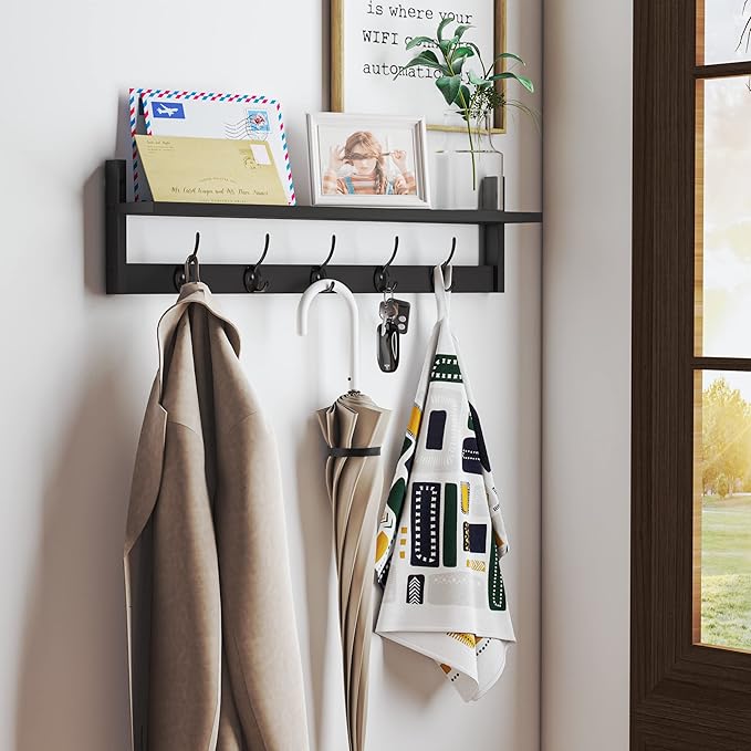 BAMEOS Wall-Mounted Shelf with Hooks - 28.9 Inch Entryway Hanging Shelf with 5 Dual Hooks for Bathroom, Living Room, Bedroom (Black)-Ruum Studio Home