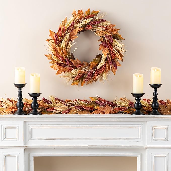 Glitzhome 24" D Fall Sorghum Wreath with Metal Hanger, Harvest Wreath for Front Door, Fall Door Wreaths for Indoor Outdoor Thanksgiving Harvest Holiday Decorations-Ruum Studio Home