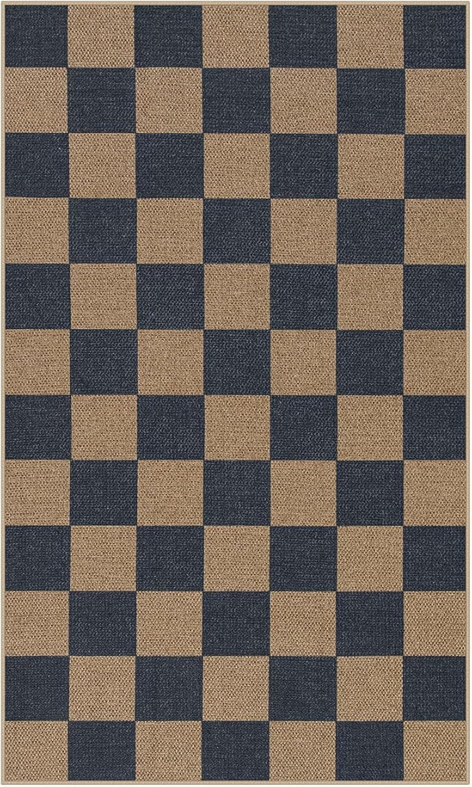 Lahome Checkered Easy Jute Indoor Outdoor Carpet, 3x5 Washable Rugs for Entryway Living Room Farmhouse Area Rug, Non Slip Blue Checkerboard Indoor Door Mat for Entry Patio Deck-Ruum Studio Home