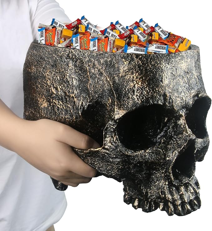 7lb Capacity Extra Large Halloween Skull Candy Dish - Deep Skull Head Halloween Candy Bowl Holder Artificial Resin Skulls Decor Indoor Outdoor Table Centerpieces Flower Pot Plant Office Pen Holder-Ruum Studio Home