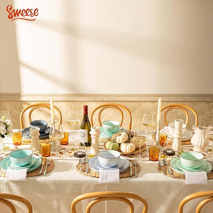 Sweese Plates and Bowls Sets, 18 Piece Dinnerware Set Porcelain Round Dinner Set for 6, Scratch Resistant Dishes Set, Dishwasher and Oven Microwave Safe Handpainted Swirl Dishware Sets, Assorted Blue-Ruum Studio Home