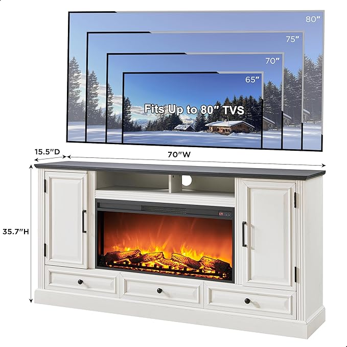 Fireplace TV Stand for 80 Inch TV, 35.7" Tall Farmhouse Entertainment Center W/36'' Electric Fireplace, Media Console with Large Storage Cabinets and Drawers for Living Room, Antique White-Ruum Studio Home
