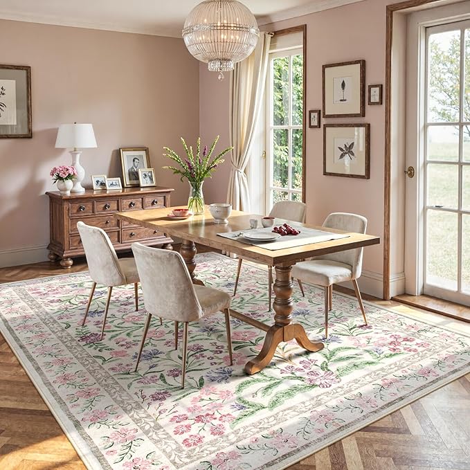Wonnitar Purple Floral 8x10 Area Rugs, Washable Rug for Living Room, Soft Ultra-Thin Non-Shedding Large Indoor Boho Carpet for Bedroom Nursery Playroom Classroom Decor, Light Purple/Pink-Ruum Studio Home