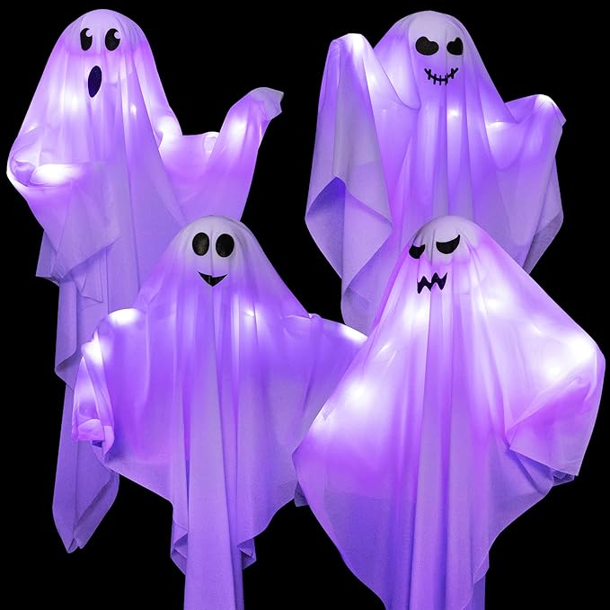 4 Pack Halloween Hanging Ghosts with LED Lights, 27.5 Inch Light Up Ghost Decorations for Indoor Outdoor, Lawn Yard Tree Hanging Halloween Ornaments, Spooky Lighted Party Supplies-Ruum Studio Home