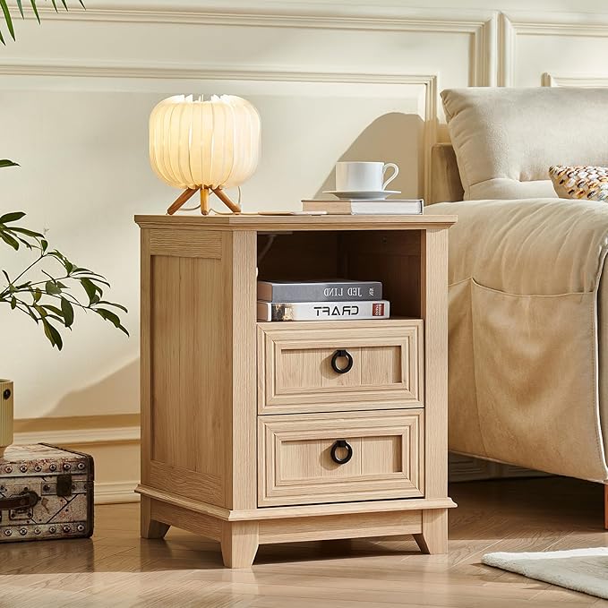 18" Farmhouse Night Stands Set of 2 with Charging Station, 2 Drawers Bedside End Table, Natural Wooden Nightstand, Bed Side Table Cabinet with Open Shelf for Bedroom Living Room Office-Ruum Studio Home