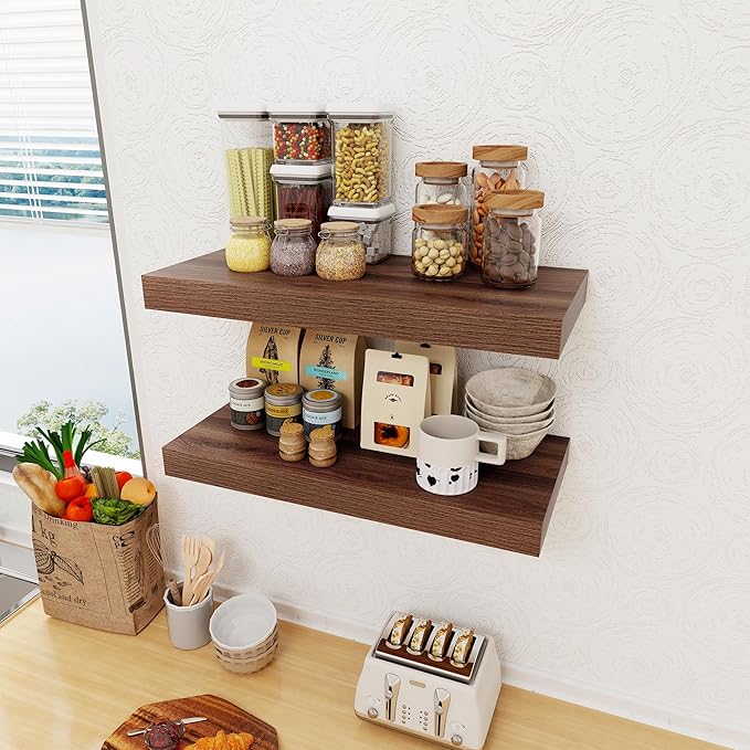 12 Inch Deep Floating Shelves, 24 x 12 Floating Shelf for Books, Rustic Wood Deep Wall Shelves for Home Storage & Display, 2" Thicked Shelves for Kitchen, Living Room, Bedroom, Walnut Color, 2 Pack-Ruum Studio Home