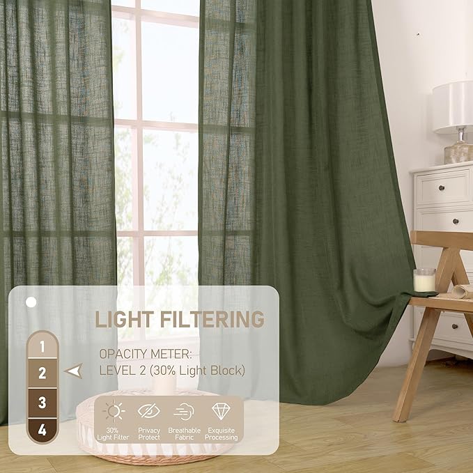 LAMIT Olive Green Linen Curtains 72 inches Long for Living Room, Soft Thick Semi Sheer Light Filtering Bronze Grommet Window Treatments Neutral Drapes for Bedroom, 2 Panels Set, 52 x 72 Inch-Ruum Studio Home
