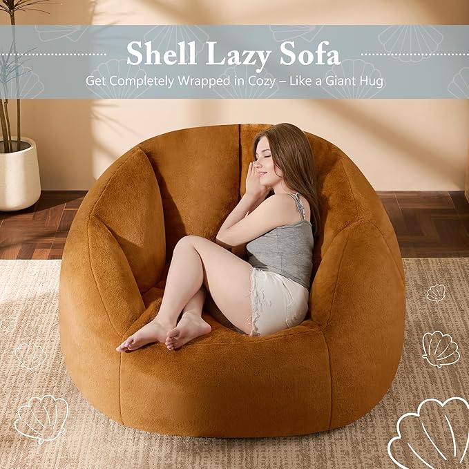 Giant Bean Bag Chaise Lounge Indoor Chair for Adults - Comfy Plush Round Shell Soft Accent Chair, Oversized Cozy Floor Sofa for Living Room, Bedroom & Game Rooms, Orange-Ruum Studio Home