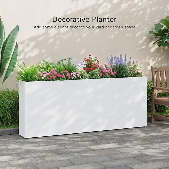 Stoog 38" Large Planters for Outdoor Plants, All-Weather Rectangular Metal Planter Box with Removable Insert Shelf, and Modern Design – Ideal for Plants, Flowers, Vegetables, Garden, White-Ruum Studio Home