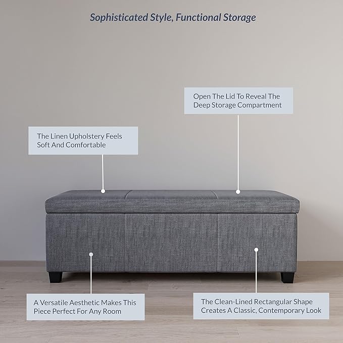 BELLEZE Storage Ottoman, 47 Inch Bench Bedroom Bench with Safety Close Hinge, Extra Long Ottoman with Storage for Living Room, Entryway, Hallway, Foot Rest, Support 300lbs - Gray-Ruum Studio Home