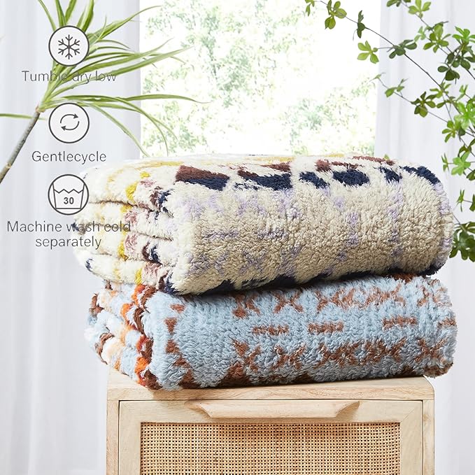 CASAAGUSTO Boho Sherpa Throw Blanket, Aztec Throw Blanket, Ultra Soft, Warm, Cozy, Plush, Thick Fleece Bohemian Blanket for Couch, Bed, Sofa (Blue Grey 50 * 60 Inch)-Ruum Studio Home