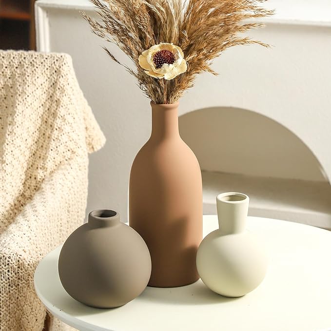 Vase Set of 3 | Ceramic Neutral Vases Home Decor | Rustic Flower Pottery Vases Modern Farmhouse Vase for Table Entryway Mantel Centerpiece Bookshelf Living Room Bathroom Bedroom -Brown Large-Ruum Studio Home