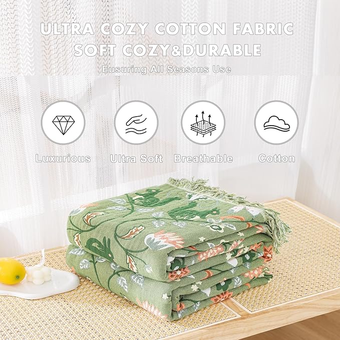 MSGKV Cotton Bed Blanket for Couch and Sofa Blankets for Living Room Bedroom Reversable Florals and Animals Throw 80"x90" Breathable Cozy Boho Blankets-Ruum Studio Home