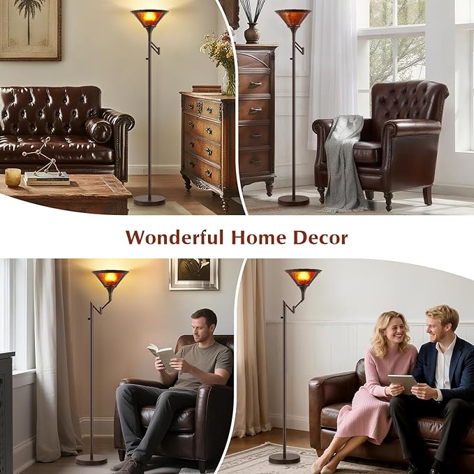 Floor Lamps for Living Room - 70" Brown Torchiere Standing Floor Lamp with Adjustable Swing Arm - Tall Corner Lamp Decor for Bedroom with Mica Shade LED Reading Light for Home Office-Ruum Studio Home