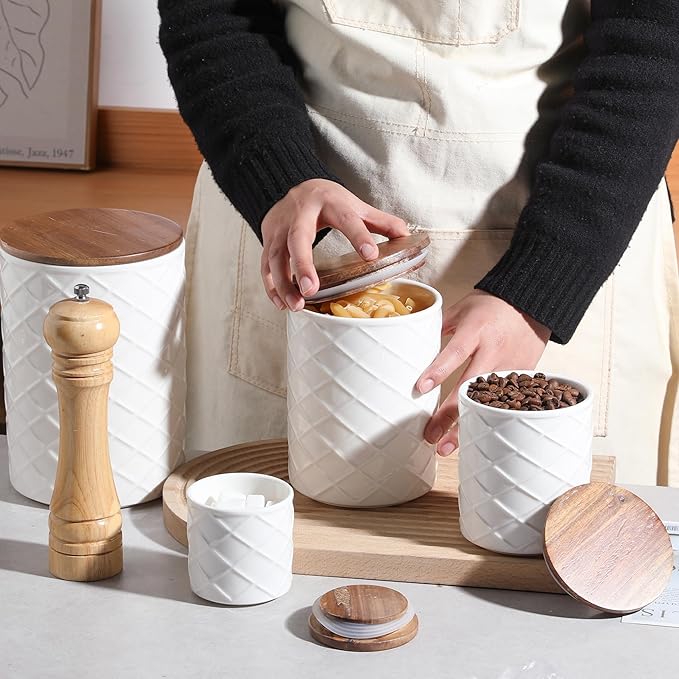 Sweejar Ceramic Canisters Sets for Kitchen Countertop, Relief Food Storage Jar with Bamboo Lid, Stackable Container for Flour, Coffee, Pasta, Cereal, Tea, Sugar, Spices, Pack of 4 (Walnut White)-Ruum Studio Home