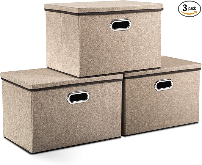 PRANDOM Large Collapsible Storage Bins with Lids [3-Pack] Jute Fabric Foldable Storage Boxes Organizer Containers Baskets Cube with Cover for Home Bedroom Closet Office Nursery (17.7x11.8x11.8)-Ruum Studio Home