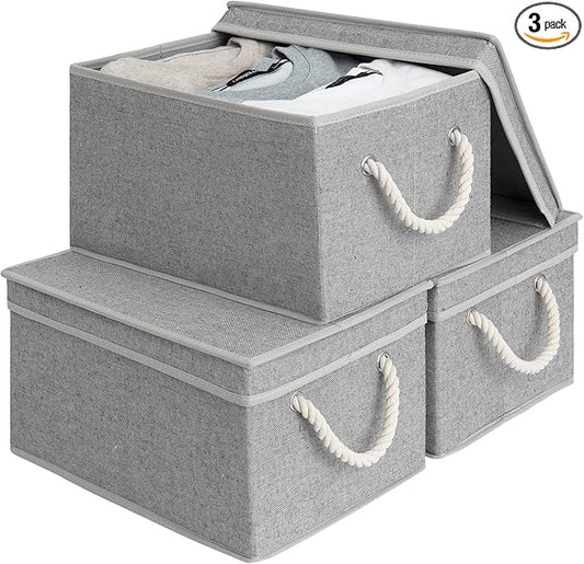 StorageWorks Large Storage Bins with Lids, Decorative Storage Boxes with Lid and Soft Rope Handles, Foldable Storage Baskets for Closet, Shelves, Stackable, Gray, 3-Pack-Ruum Studio Home
