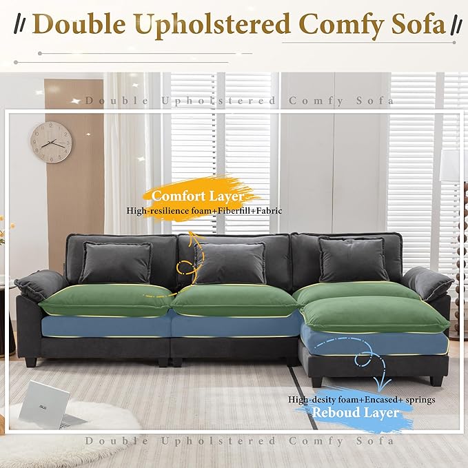 URRED Modular Sectional Sofa Comfy Cloud Couch, Modern Velvet Sofa Sleeper Deep Seat Couches with Ottoman/Pillows for Living Room (Dark Gray, 117''- L Shape)-Ruum Studio Home
