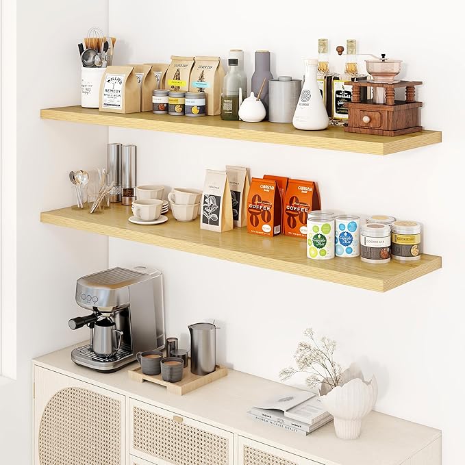 55" Floating Shelves for Wall, 12" Deep Slim Oak Floating Shelves, Wall-Mounted Shelves for Bedroom, Living Room, Kitchen, Bathroom - Set of 2-Ruum Studio Home