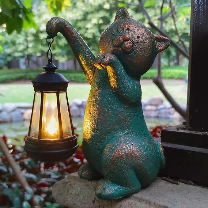 JOYBEE Garden Statues Cat with Solar Lantern Outdoor Decor-Cat Solar Figurines Lights Decorations for Patio Yard Lawn Ornaments-Gifts for Birthday Easter Housewarming-Ruum Studio Home