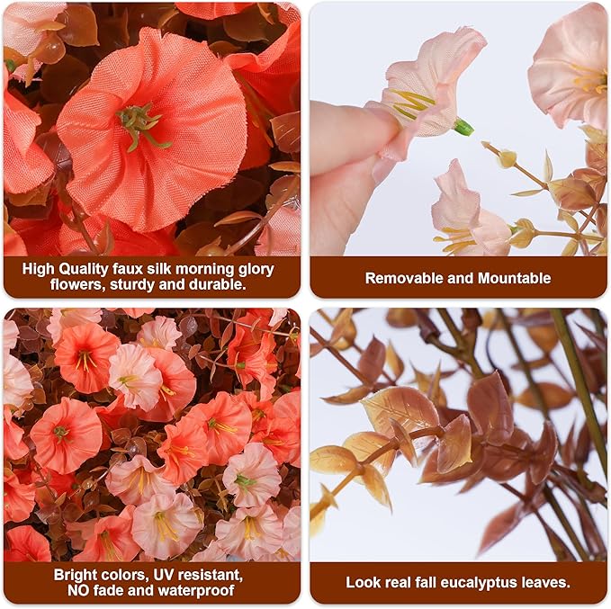 Artificial Mums for Outdoors Fake Fall Flowers Plants for Autumn Decoration, 12 Bundles Silk Morning Glory with Eucalyptus Look Real UV Resistant Faux Mums for Outside Planters Yard Patio Porch, Mix-Ruum Studio Home