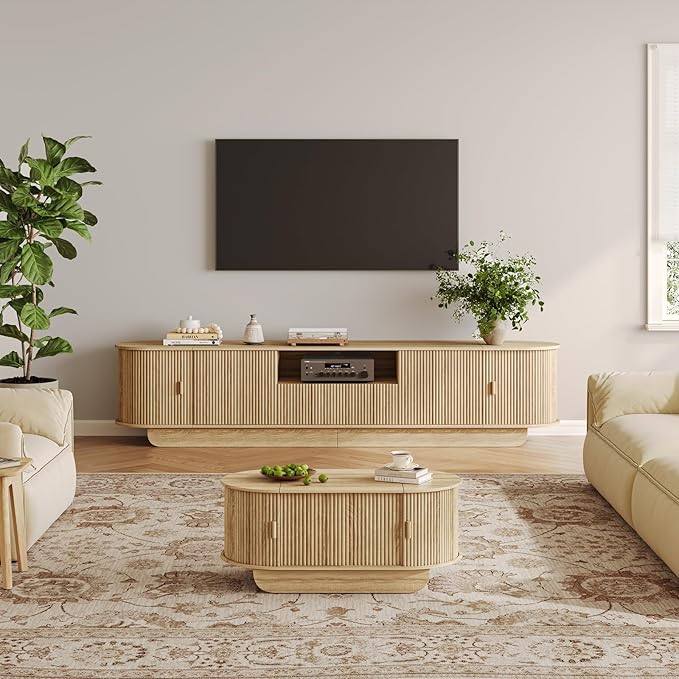 Fluted TV Stand and Coffee Table Set of 2,86.61'' TV Console for 55-85 Inch,Modern Entertainment Center with Large Storage Cabinet,Lift Top Coffee Table for Living Room, Bedroom, Natural-Ruum Studio Home