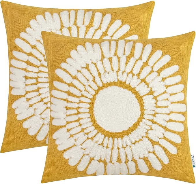 HWY 50 Mustard Yellow Decorative Throw Pillow Covers 18x18 Inch, Pack of 2 Embroidered Cotton Farmhouse Cushion Cover Pillow Case for Sofa Couch Living Room Bed Bedroon, Sunflower Design-Ruum Studio Home