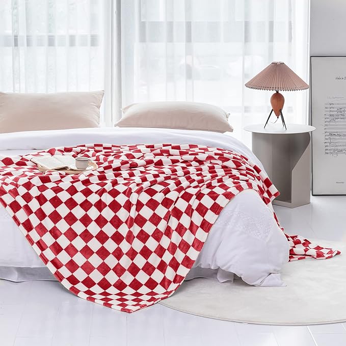 LOMAO Throw Blankets Flannel Blanket with Checkerboard Grid Pattern Soft Throw Blanket for Couch, Bed, Sofa Luxurious Warm and Cozy for All Seasons (Red, 50"x60")-Ruum Studio Home