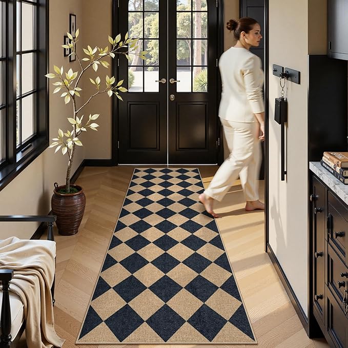 Lahome Checkered Easy Jute Runner Rug, 2x8 Hallway Kitchen Runner Rug Non Slip Washable Outdoor Carpet for Entryway Indoor, Checkerboard Black Indoor Outdoor Carpet for Hallway 8ft Entry-Ruum Studio Home
