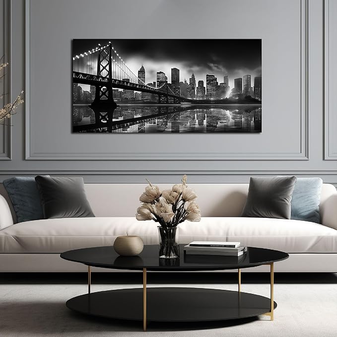 Brooklyn Bridge Canvas Wall Art for Bedroom Black and White City Wall Decor for Living Room Office Wall Art Decor 24 x 48 Inch-Ruum Studio Home