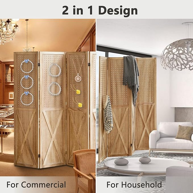 4 Panel Pegboard Wood Room Divider, 5.6Ft Pegboard Display Folding Privacy Screens, Peg Board Display Freestanding for Trade Show Craft Show Home Wall Organizer, Light Brown-Ruum Studio Home