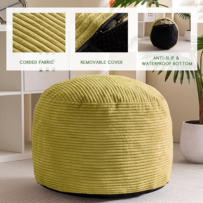 HIGOGOGO Round Stuffed Pouf Ottoman, Corduroy Poufs with Foam Chunk Filling, Furry and Fluffy Pouf Foot Stool Storage Ottoman, 26 X 18 Floor Poufs Foot Rest for Living Room, Green-Ruum Studio Home