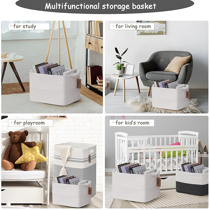 COMFY-HOMI 3PACK Cotton Rope Square Basket with Handles for Shelves|Dog Toy Basket Bin and Storage|Baby Basket for Gif|Shoe basket for Organizing|New13.5" x 11" x 9.5" for Living Room（All White）-Ruum Studio Home