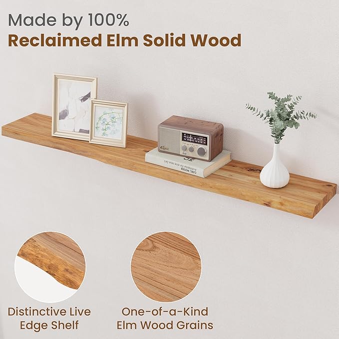 Floating Shelves for Wall Decor, Rustic Solid Elm Wood Live Edge Floating Shelves Wall Mounted, Wall Shelves with Invisible Bracket for Living Room Bathroom Bedroom Kitchen, 48 Inch, Natural-Ruum Studio Home