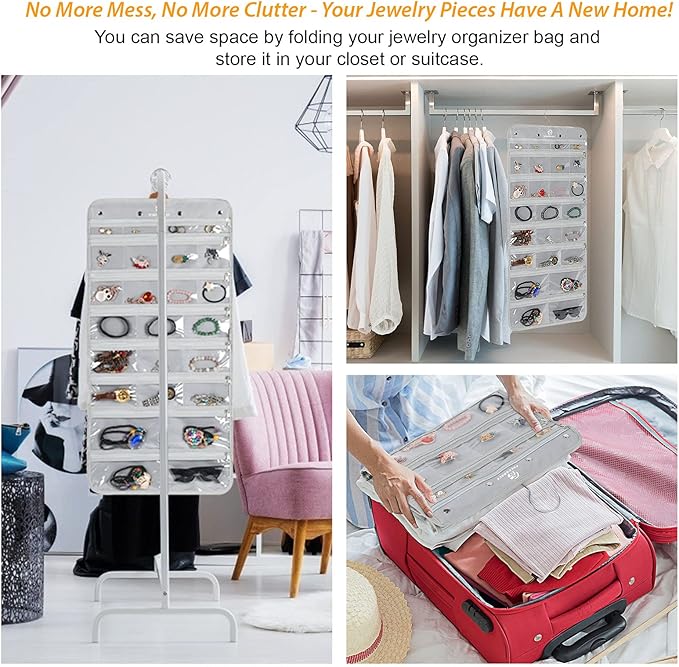 Freegrace Hanging Jewelry Organizer Revolving Hanger - Secure Zipper Closure - 50 Pockets - Foldable Storage & Display Solution - For All Jewelry & Bijoux (Gray)-Ruum Studio Home