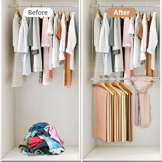 STORAGE MANIAC Hanging Closet Rod, Adjustable Width and Height Closet Hanging Organizer, Space-Saving Clothes Hanging Bar, Closet Extender Hanging Rod Double Closet Hanging Rod, 2 Pack Chrome-Ruum Studio Home