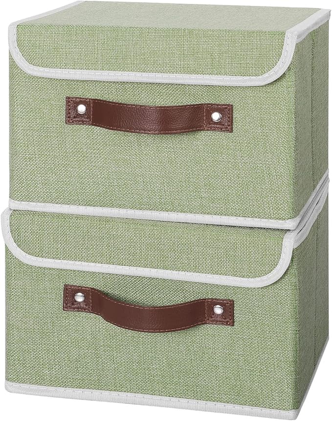 ANMINY 2PCS Storage Bins with Lid PU Leather Handles Storage Boxes PP Plastic Board Decorative Foldable Lidded Cotton Linen Fabric Home Cubes Baskets Closet Organizer Containers - Green, Small Size-Ruum Studio Home