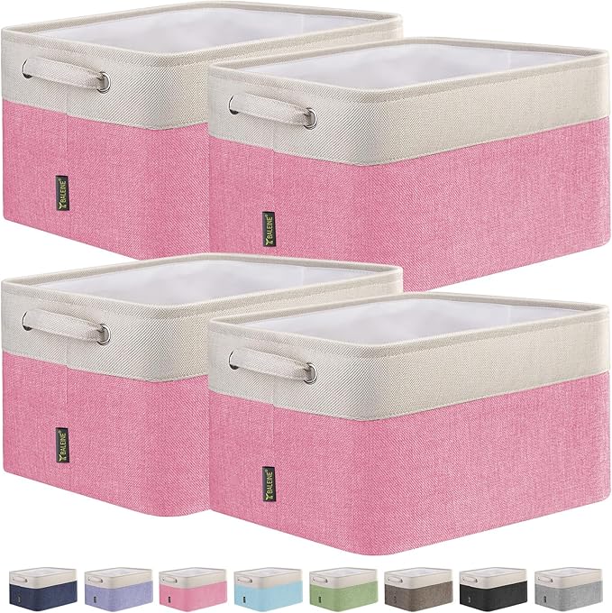 BALEINE 4 Pack Fabric Storage Bins for Shelves, Linen Storage Baskets for Organizing, Decorative Closet Bins for Clothes, Home (Pink, 12"x8"x8")-Ruum Studio Home
