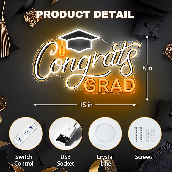 SELICOR Congrats Graduation Neon Sign with Cap - 15" x 8", Adjustable LED Light Up Sign for Prom Party, Photos, Class of 2025 Celebrations, Graduation Gift for Dorm Backdrop Room Decor-Ruum Studio Home