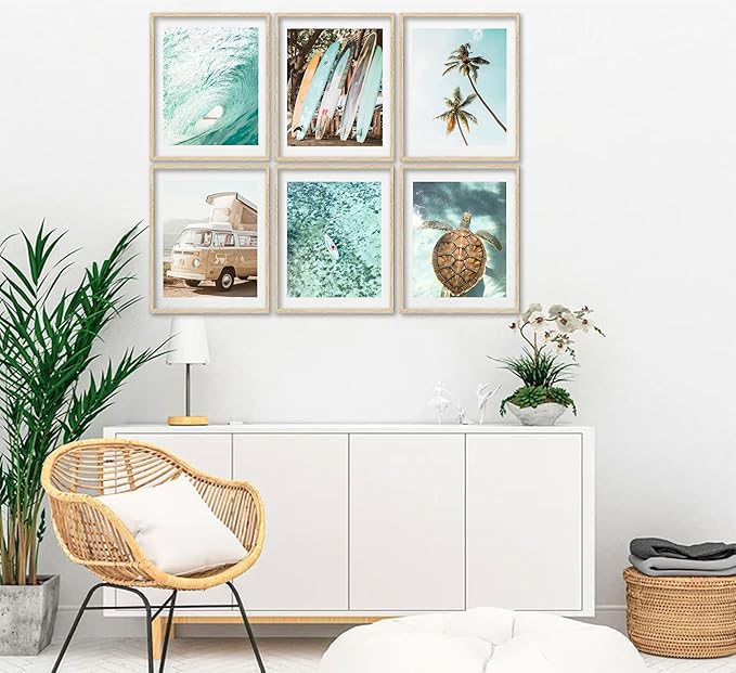 EVPYXFUT Set of 6 Tropical Beach Canvas Wall Art Surf Poster Summer Ocean Coastal Pictures Turtle Print Palm Tree Surfboard Gallery Paintings Nautical Bus Wall Decor for Bedroom Bathroom Unframed-Ruum Studio Home