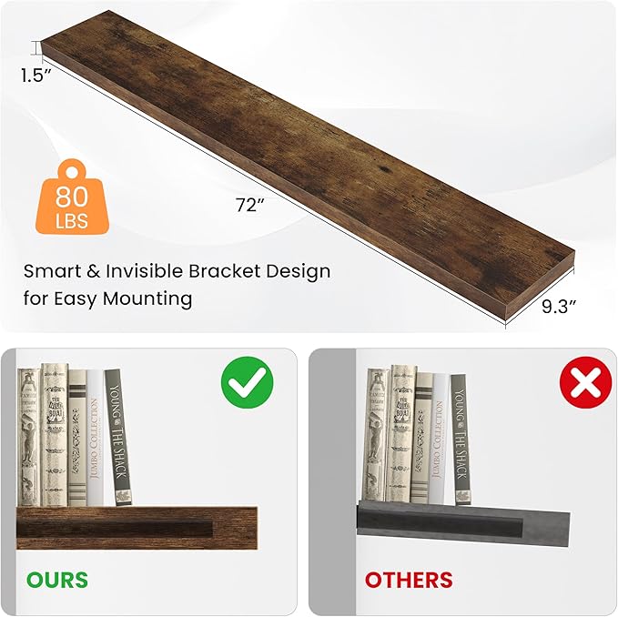 Floating Shelves for Wall, 72" W x 9.3" D x 1.5" H, Long Wooden Wall Mounted Display Shelf with Invisible Brackets for Living Room, Bedroom, Bathroom, Kitchen & Storage, Set of 1, Rustic Brown-Ruum Studio Home