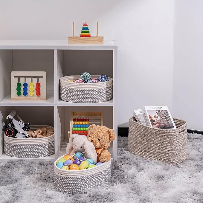 Shelf Storage Baskets for Organizing|Decorative Basket for Closet Storage|Toy Baskets&Bins|Small Woven Rope Baskets-13x8.66x5.11’’,Durable&Stylish,Oval 3 Packs Off White&Mixed Gray-Ruum Studio Home