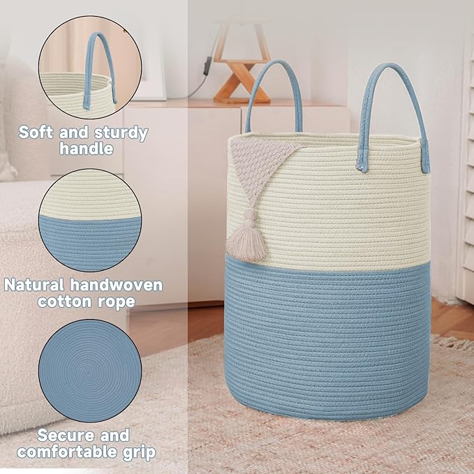 Large Woven Laundry Basket Hamper,100L Cotton Rope Storage Bin for Blankets,Toys and Clothes,Decorative Tall Nursery Hamper for Living Room,Baby Nursery,Bathroom and Bedroom,White and Blue-Ruum Studio Home