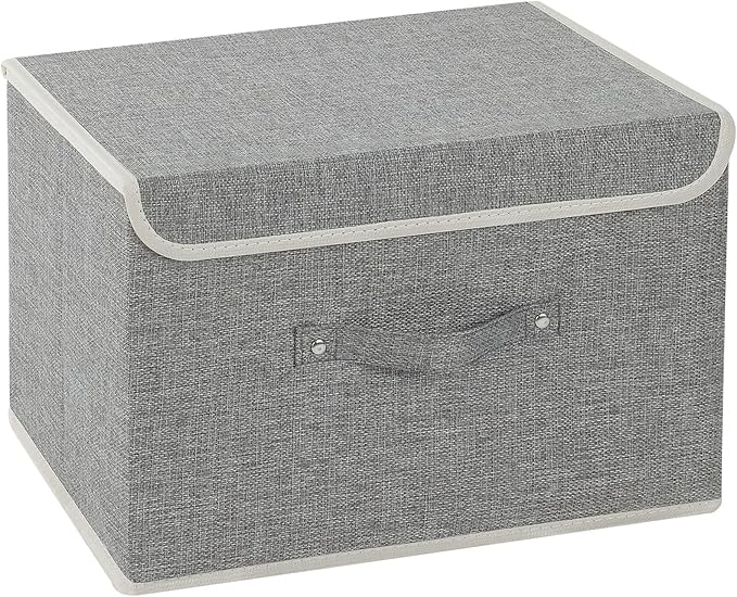 Storage Boxes, Collapsible Storage Bins with Lids, Cotton and linen cloth Storage Baskets with Handle, for Books, Closet, Bedroom, Home, 15x9.8x9.8 in, Grey-Ruum Studio Home