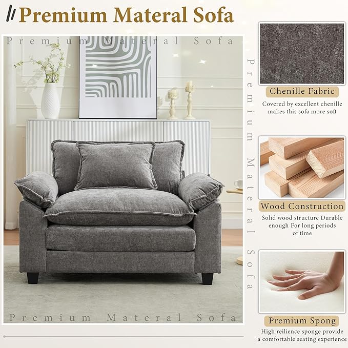 URRED Modular Sectional Sofa Comfy Cloud Couch, Modern Chenille Sofa Sleeper Deep Seat Couches with Ottoman/Pillows for Living Room (Gray, 53'')-Ruum Studio Home