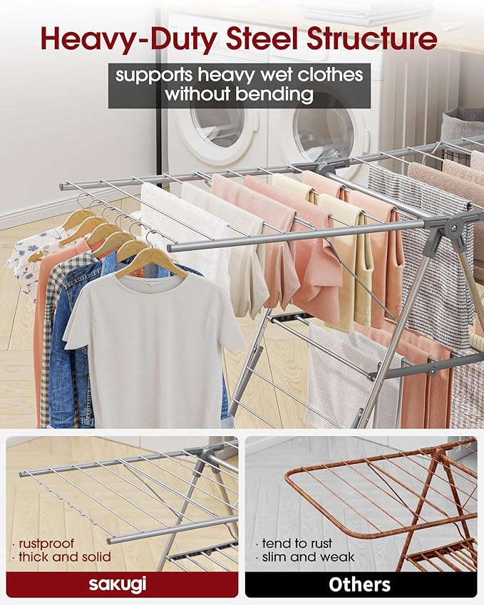 Clothes Drying Rack - Foldable Laundry Drying Rack for Clothing & Bedding, Easy-to-Assemble, Space-Saving Metal Airer with Non-Slip Feet, Indoor & Outdoor Use, 55.5"×22.8"×36.6", Gray-Ruum Studio Home