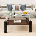 Tempered Glass Coffee Table Rectangle Living Room Center Table, with 39" Clear Top and Brown MDF Layer Black Metal Leg, for Small Space Apartment, Transparent+Brown-Ruum Studio Home