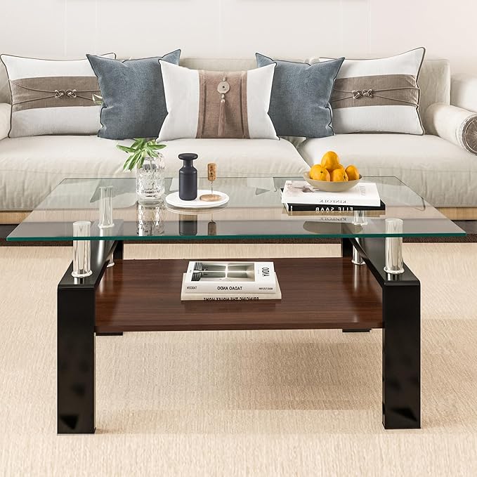 Tempered Glass Coffee Table Rectangle Living Room Center Table, with 39" Clear Top and Brown MDF Layer Black Metal Leg, for Small Space Apartment, Transparent+Brown-Ruum Studio Home