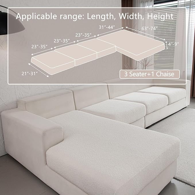 Couch Cushion Covers for Sectional Sofa, Stretch Soft Sofa Slipcovers Washable Wear-Resistant Universal Furniture Protector for Living Room(3 Seaters Covers+1 Chaise Cover, Ivory)-Ruum Studio Home
